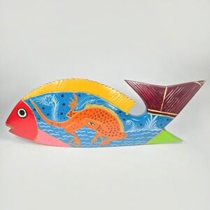 Oaxaca Hand Carved Painted Fish Lizard Design Mexican Wood Folk Art Alebrije 19"